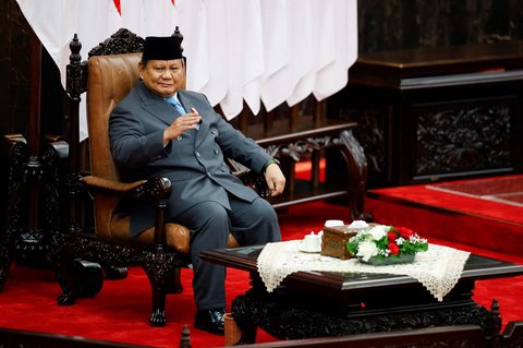 Presiden Indonesia Prabowo Subianto  saat mengikuti Sidang Tahunan MPR RI dan Sidang Bersama DPR-DPD RI Tahun 2025 di Gedung Nusantara, Kompleks Parlemen, Jakarta, Jumat (15/8/2025).