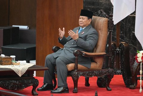 Presiden Indonesia Prabowo Subianto  saat mengikuti Sidang Tahunan MPR RI dan Sidang Bersama DPR-DPD RI Tahun 2025 di Gedung Nusantara, Kompleks Parlemen, Jakarta, Jumat (15/8/2025).