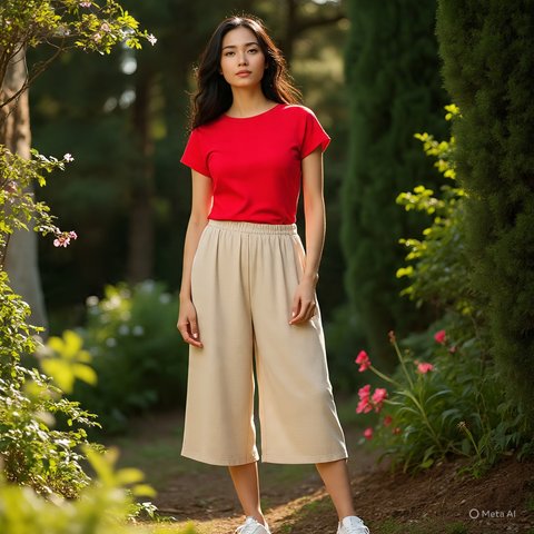 Ilustrasi Kaos Merah dengan Celana Beige