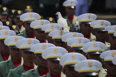 Seekor merpati bertengger di topi seorang prajurit TNI AD saat Upacara Peringatan Detik-Detik Proklamasi Kemerdekaan ke-80 RI di Halaman Istana Merdeka, Jakarta, Minggu (17/8/2025).