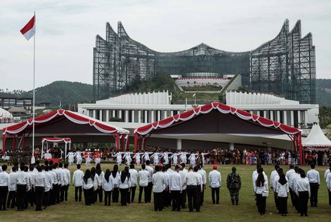 Upacara peringatan Hari Kemerdekaan Indonesia ke-80 di Plaza Upacara di Ibu Kota Nusantara (IKN), Penajam Paser Utara, Kalimantan Timur, Minggu (17/8/2025).