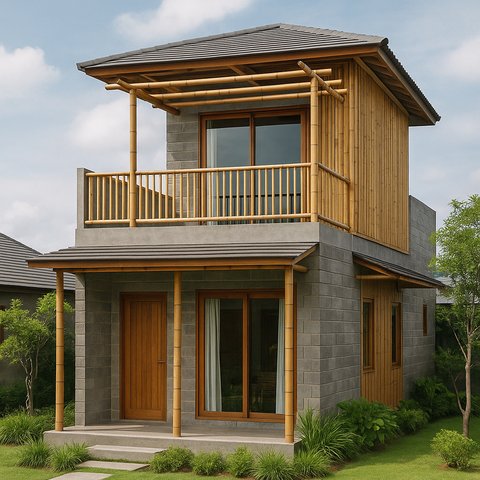 Ilustrasi Rumah Bambu dan Batako Dua Lantai