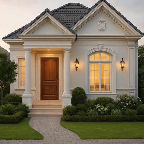 Model Rumah 7x10 Meter dengan Taman Depan Cantik Konsep Eropa-Klasik