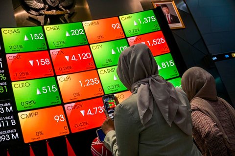 Pengunjung  berdiri di samping layar yang menampilkan angka perdagangan saham di gedung Bursa Efek Indonesia, Jakarta, Rabu (10/09/2025).