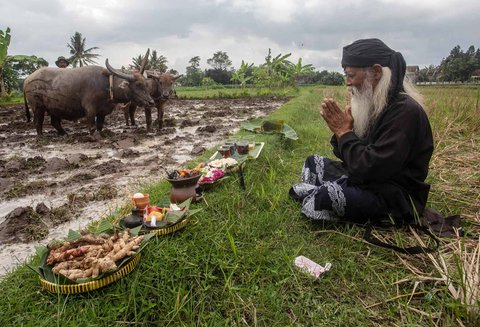 Warga berdoa saat prosesi adat Labuh Sawah (Megawe) di Bulak Kenari, Kregolan, Margomulyo, Seyegan, Sleman, D.I Yogyakarta, Selasa (16/9/2025).