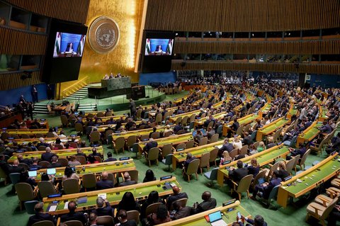 Presiden Palestina Mahmoud Abbas berpidato  secara virtual dalam pertemuan tingkat tinggi Markas Besar PBB, New York, AS, Senin (22/09/2025) waktu setempat.