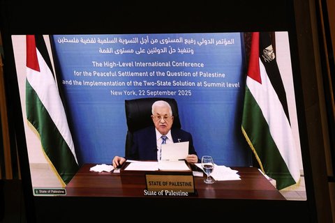 Presiden Palestina Mahmoud Abbas berpidato  secara virtual dalam pertemuan tingkat tinggi Markas Besar PBB, New York, AS, Senin (22/09/2025) waktu setempat
