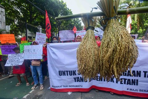 Ratusan petani yang tergabung dalam Serikat Tani Indramayu melakukan aksi depan Gedung Kementan Ragunan, Jakarta, Rabu (24/09/2025).