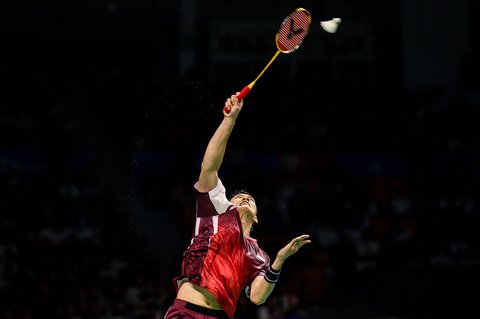Jonatan Christie saat pertandingan  melawan rekan senegaranya Alwi Farhan pada  semifinal tunggal putra di turnamen bulu tangkis Korea Open di Suwon, Korea Selatan, Sabtu (27/09/2025).