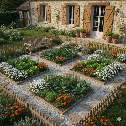 Sistem Companion Planting merupakan salah satu konsep kebun rumah campuran tanaman hias dan sayur (Gemini AI)