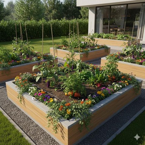 Sistem Companion Planting merupakan salah satu konsep kebun rumah campuran tanaman hias dan sayur (Gemini AI)