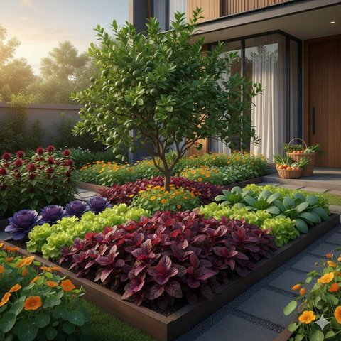 Sistem Companion Planting merupakan salah satu konsep kebun rumah campuran tanaman hias dan sayur (Gemini AI)