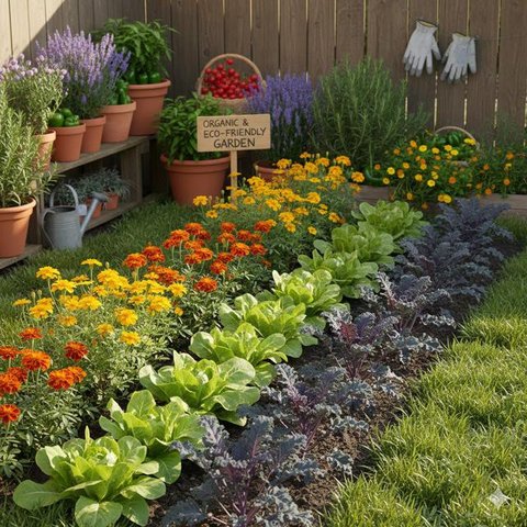 Sistem Companion Planting merupakan salah satu konsep kebun rumah campuran tanaman hias dan sayur (Gemini AI)