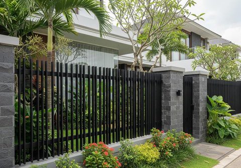 Model Pagar Rumah Kombinasi Besi Hollow dan Batu Alam (Sumber: gemini.com)