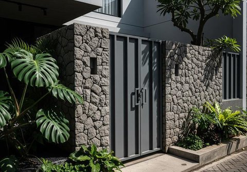 Model Pagar Rumah Kombinasi Besi Hollow dan Batu Alam (Sumber: gemini.com)