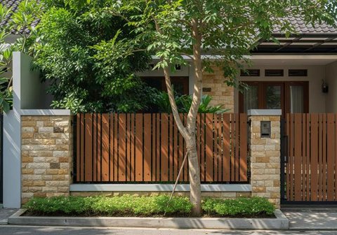 Model Pagar Rumah Kombinasi Besi Hollow dan Batu Alam (Sumber: gemini.com)