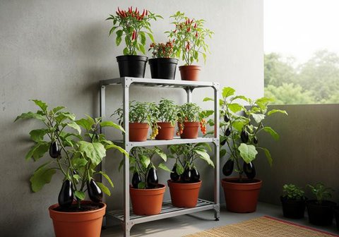 Kebun Terong dengan Grow Bags yang Fleksibel/Inspirasi Kebun Terong di Pot untuk Teras Rumah Minimalis (Sumber: gemini.com)