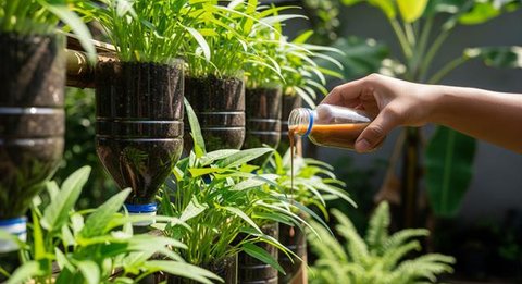 Trik Sukses Menanam Kangkung di Botol Bekas agar Daunnya Lebat, Cepat Dipanen untuk Konsumsi Harian (Foto: Gemini AI)
