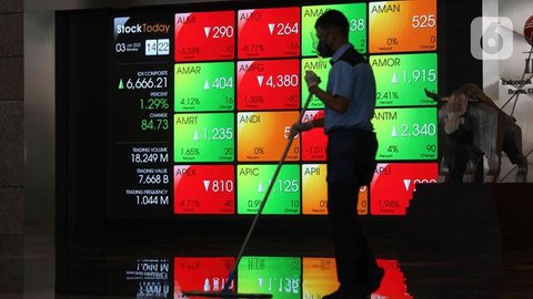 Karyawan melintasi layar yang menampilkan Indeks Harga Saham Gabungan (IHSG) saat acara Penutupan Perdagangan Bursa Efek Indonesia Tahun 2022 di Jakarta, Jumat (30/12/2022). PT Bursa Efek Ind