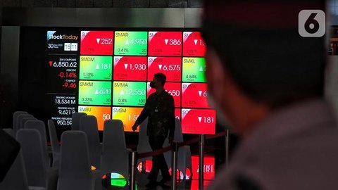 Karyawan melintasi layar yang menampilkan Indeks Harga Saham Gabungan (IHSG) saat acara Penutupan Perdagangan Bursa Efek Indonesia Tahun 2022 di Jakarta, Jumat (30/12/2022). PT Bursa Efek Ind