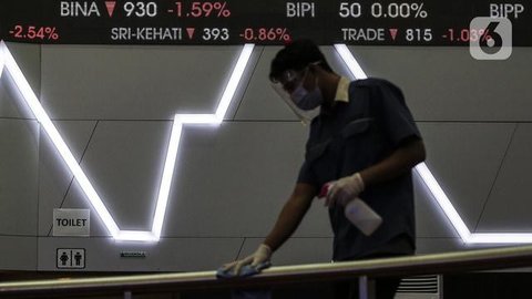 Karyawan melintasi layar yang menampilkan Indeks Harga Saham Gabungan (IHSG) saat acara Penutupan Perdagangan Bursa Efek Indonesia Tahun 2022 di Jakarta, Jumat (30/12/2022). PT Bursa Efek Ind