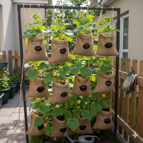 Model Kebun Timun dari Karung Bekas di Halaman Rumah (created by AI)