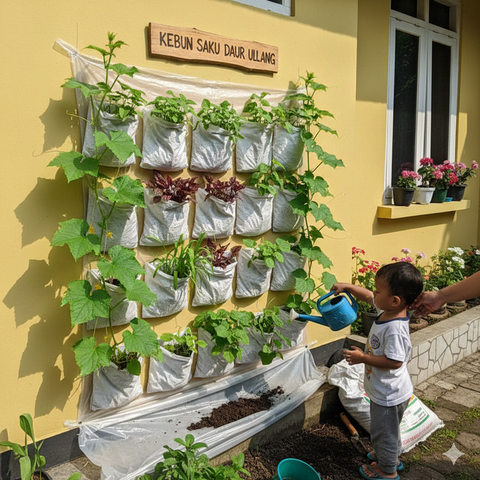 Model Kebun Timun dari Karung Bekas di Halaman Rumah (created by AI)