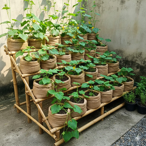 Model Kebun Timun dari Karung Bekas di Halaman Rumah (created by AI)