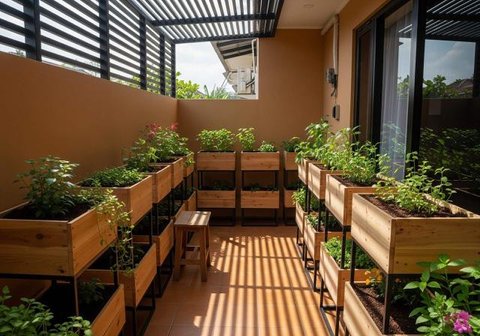 Model Teras Rumah Sempit Tanpa Pagar, Jadi Kebun Mini. Foto: Gemini