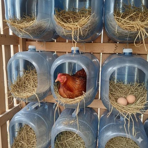 Galon untuk Sarang Bertelur (Nesting Box) merupakan salah satu desain kandang ayam dari galon bekas (Gemini AI)