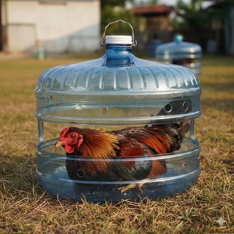 Galon untuk Sarang Bertelur (Nesting Box) merupakan salah satu desain kandang ayam dari galon bekas (Gemini AI)