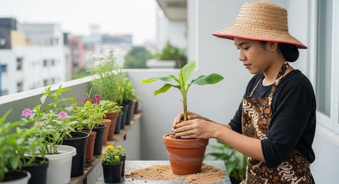 Wanita sedang menanam pisang di pot karena tidak punya lahan luas. [Foto: Gemini]