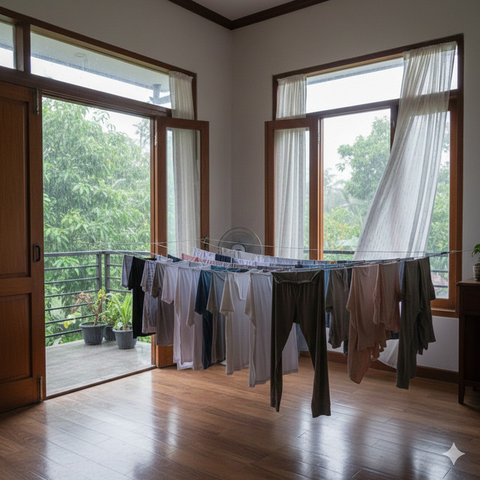 Trik mengatasi pakaian bau apek saat hujan (Foto: Reve Art AI)