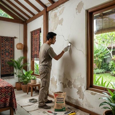 Mengamplas permukaan dinding merupakan salah satu cara mengatasi tembok lembap dan mengelupas (Gemini AI)