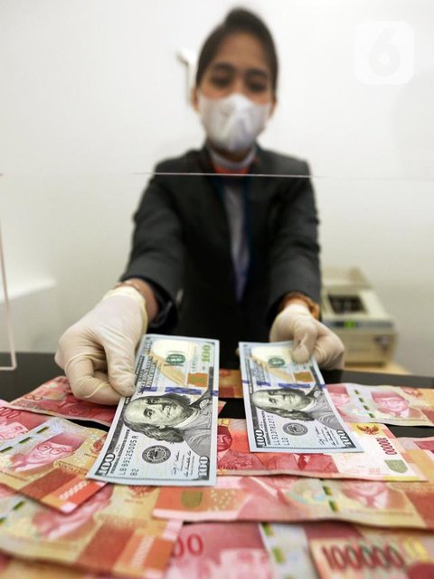 Karyawan menunjukkan uang rupiah dan dolar AS di Jakarta, Rabu (30/12/2020). Nilai tukar rupiah di pasar spot ditutup menguat 80 poin atau 0,57 persen ke level Rp 14.050 per dolar AS. (Liputa