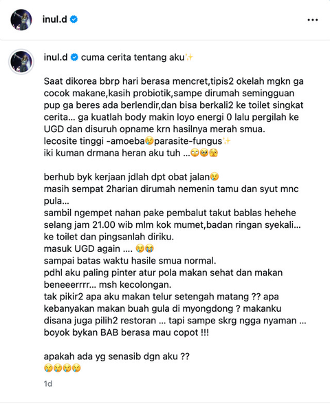 Pedangdut Inul Daratista dilarikan ke UGD setelah pingsan di kamar mandi, diduga akibat infeksi parasit dan jamur yang dialami usai pulang dari Korea Selatan. (Foto: Dok. Instagram @inul.d)