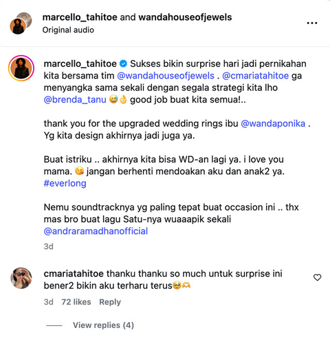 Memasuki tahun keempat pernikahan, Ello memberi kejutan spesial berupa cincin kawin edisi 2.0 untuk istri tercinta, Cindy Maria. Cindy Maria tampak syok.