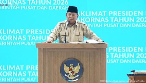 Presiden Prabowo Subianto dalam rapat koordinasi nasional (Rakornas) pemerintah pusat dan pemerintah daerah tahun 2026 di Sentul Internasional Convention Center (SICC), Bogor. (Tangkapan Laya