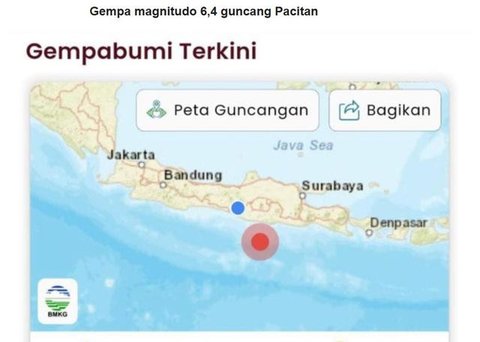 Gempa magnitudo 6,4 mengguncang wilayah tenggara Kabupaten Pacitan, Jawa Timur, pada Jumat dini hari (6/2/2026). (www.bmkg.go.id)