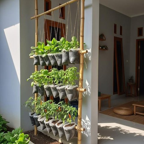 Desain Kebun Sayur Vertikal dari Kantong Kresek. (Foto: AI)