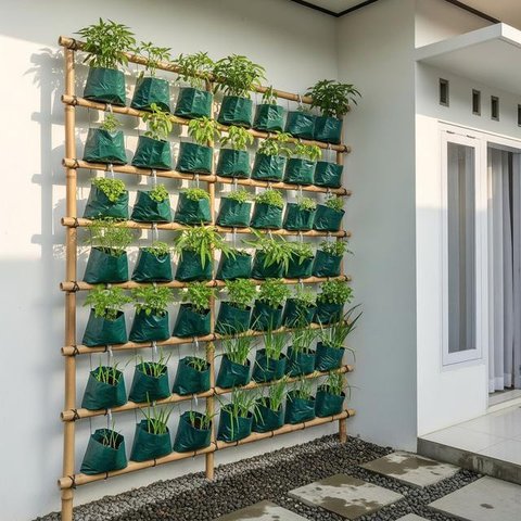 Desain Kebun Sayur Vertikal dari Kantong Kresek. (Foto: AI)