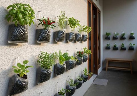Desain Kebun Sayur Vertikal dari Kantong Kresek. (Foto: AI)