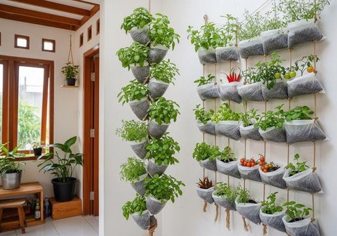 Desain Kebun Sayur Vertikal dari Kantong Kresek. (Foto: AI)