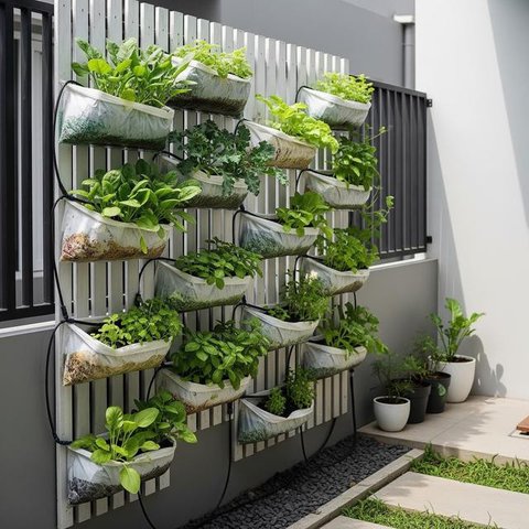 Desain Kebun Sayur Vertikal dari Kantong Kresek. (Foto: AI)