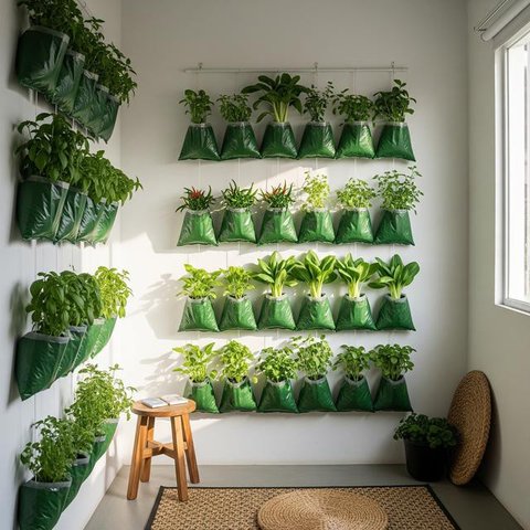 Desain Kebun Sayur Vertikal dari Kantong Kresek. (Foto: AI)