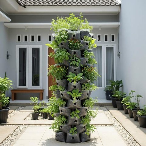 Desain Kebun Sayur Vertikal dari Kantong Kresek. (Foto: AI)