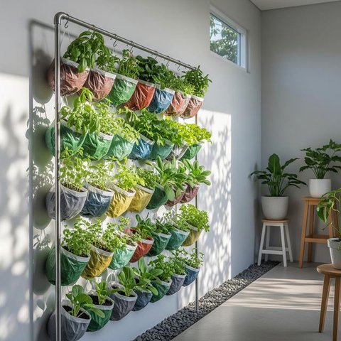 Desain Kebun Sayur Vertikal dari Kantong Kresek. (Foto: AI)