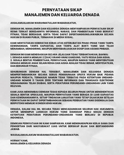 Tak terima dikabarkan punya tiga anak kandung, Denada lewat manajernya, Risna Ories, mengklarifikasi berisi bantahan. Ia menyebut kabar tersebut fitnah. (Foto: Dok. Instagram @denadaindonesia