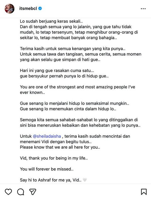 Dalam surat terbukanya, BCL percaya, Vidi Aldiano kini bertemu Ashraf Sinclair di alam baka. Ia menyebut Vidi Aldiano telah berjuang keras seumur hidupnya. (Foto: Dok. Instagram @itsmebcl)