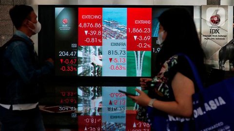 Aktivitas pekerja di depan layar Indeks Harga Saham Gabungan (IHSG) di BEI, Jakarta, Senin (3/1/2022). Pada pembukan perdagagangan bursa saham 2022 Indeks Harga Saham Gabungan (IHSG) langsung